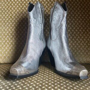 Free People Brayden Metallic Silver Etched Metal Toe Western Leather Boot NEW